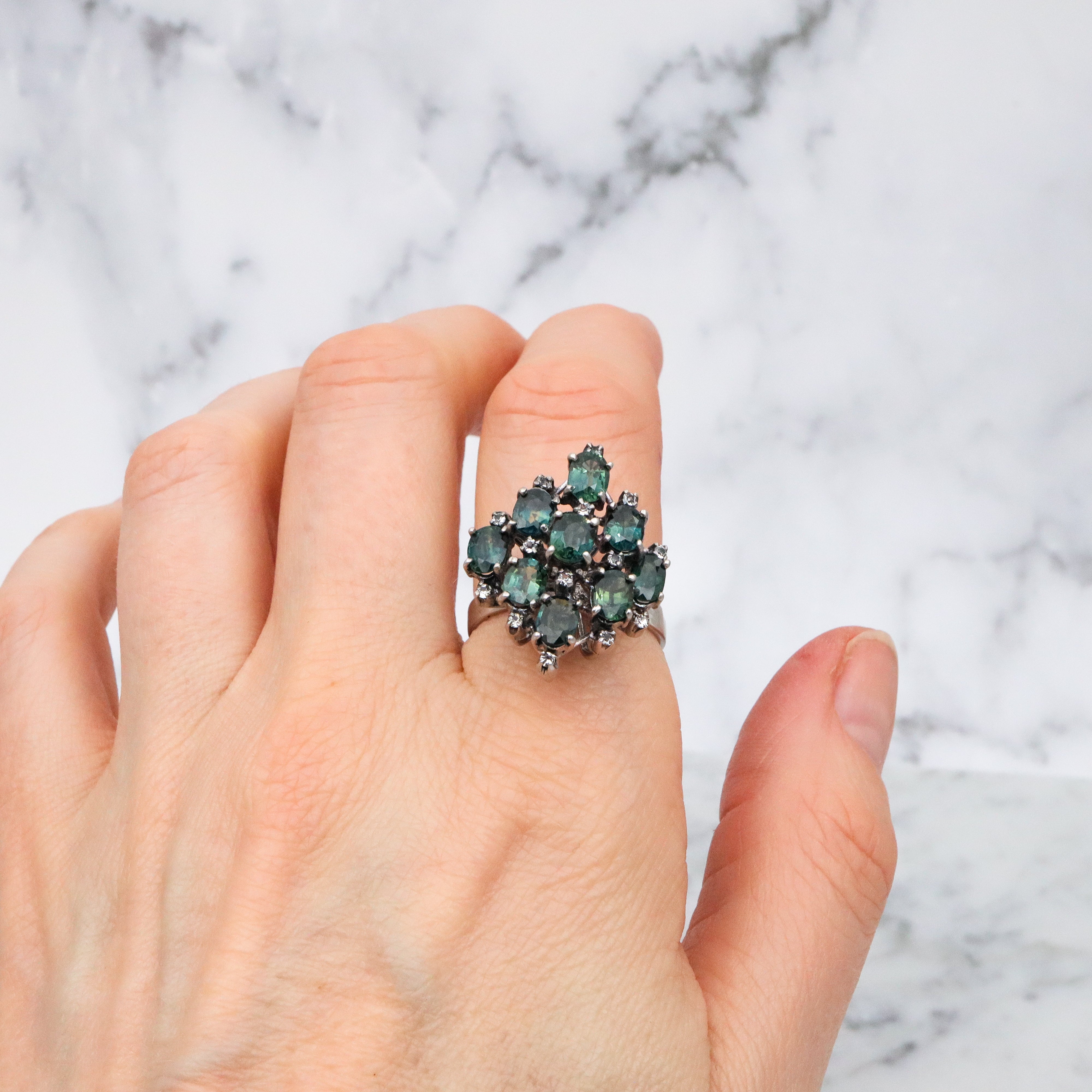 vintage London blue topaz & white zircon sterling cocktail ring, size 9